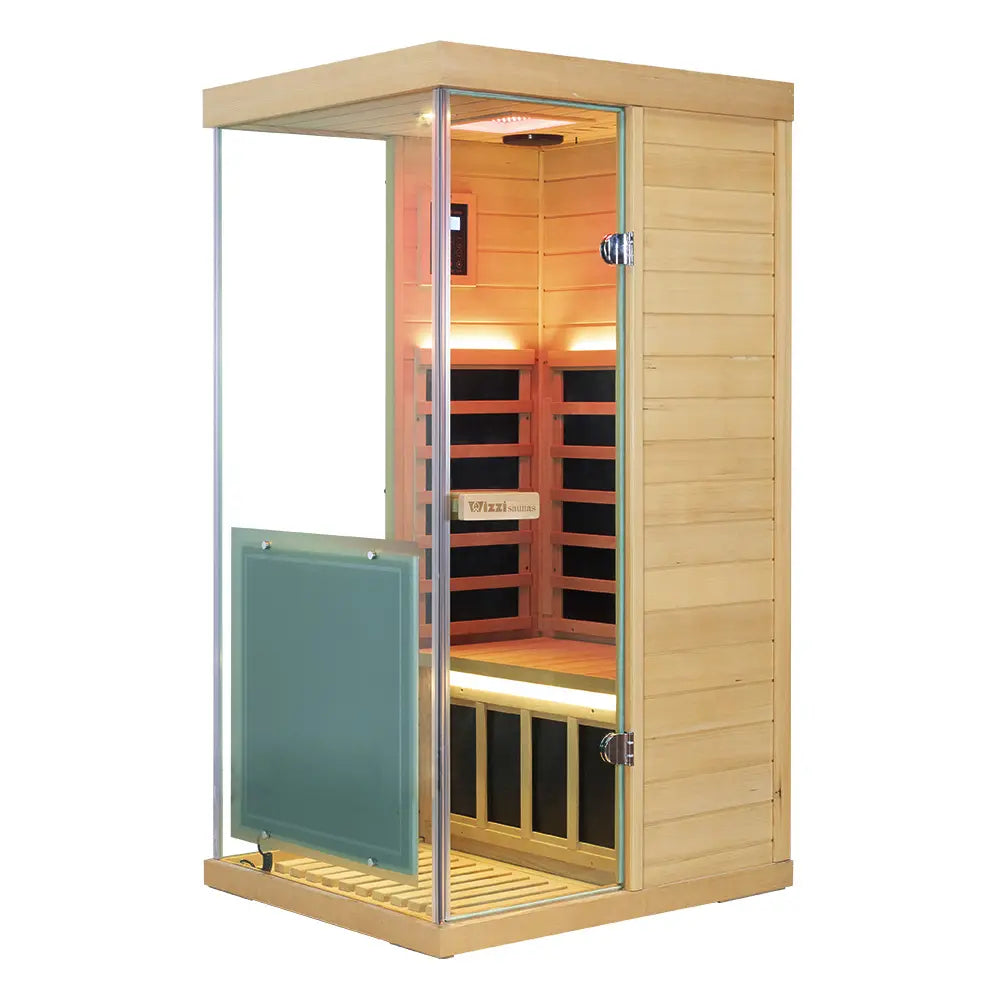 Wizzisaunas 909MHX Mini 1 Person Full Spectrum Infrared Sauna Hemlock | 3 Sides Large glass panels Low EMF image 13