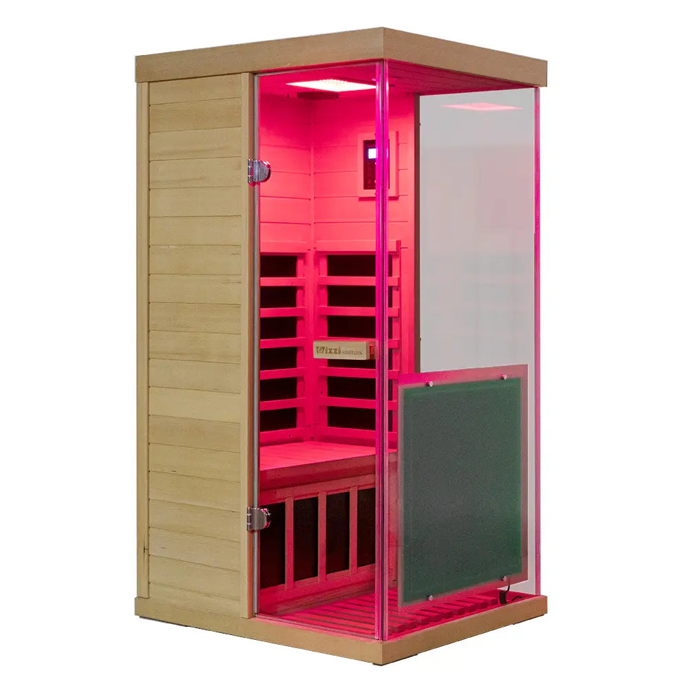 Wizzisaunas 909MHX Mini 1 Person Full Spectrum Infrared Sauna Hemlock | 3 Sides Large glass panels Low EMF image 12