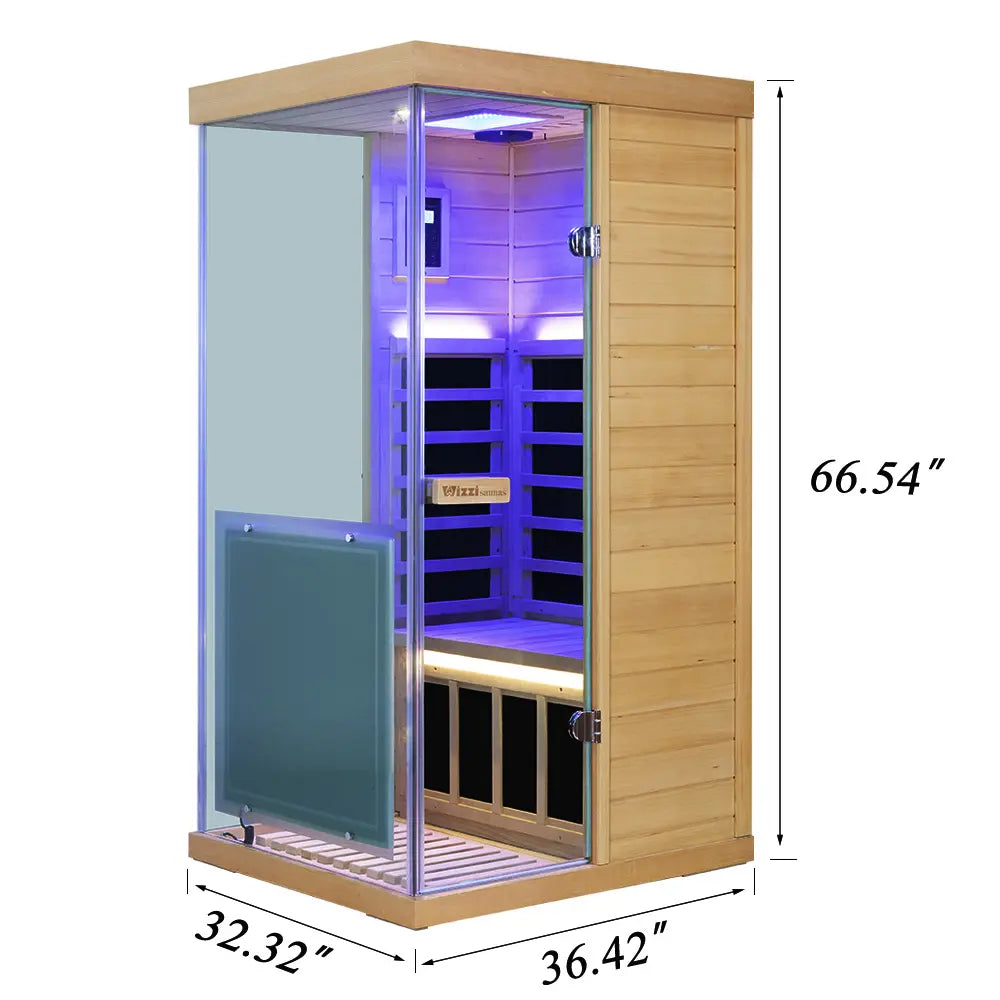 Wizzisaunas 909MHX Mini 1 Person Full Spectrum Infrared Sauna Hemlock | 3 Sides Large glass panels Low EMF image 2