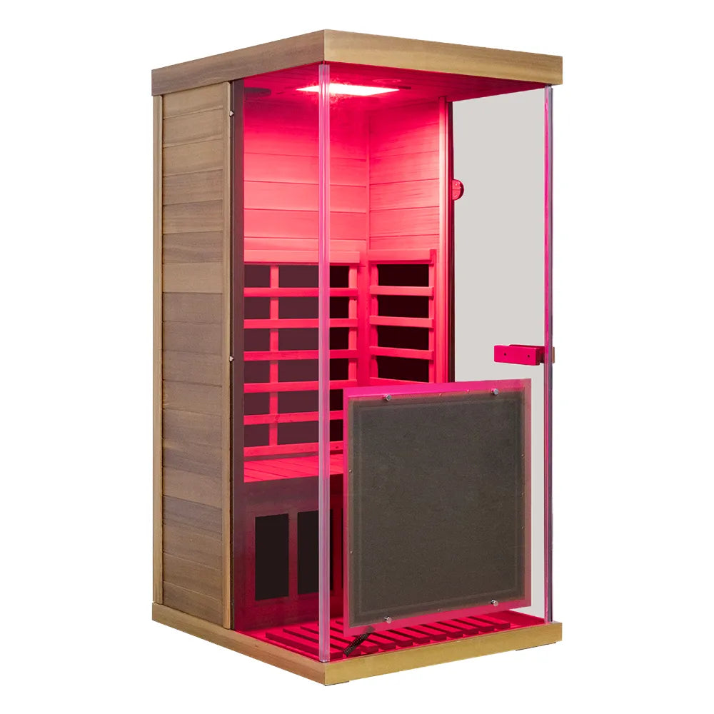 909MX Mini 1 Person Infrared Sauna Hemlock 3 Sides Large glass panels