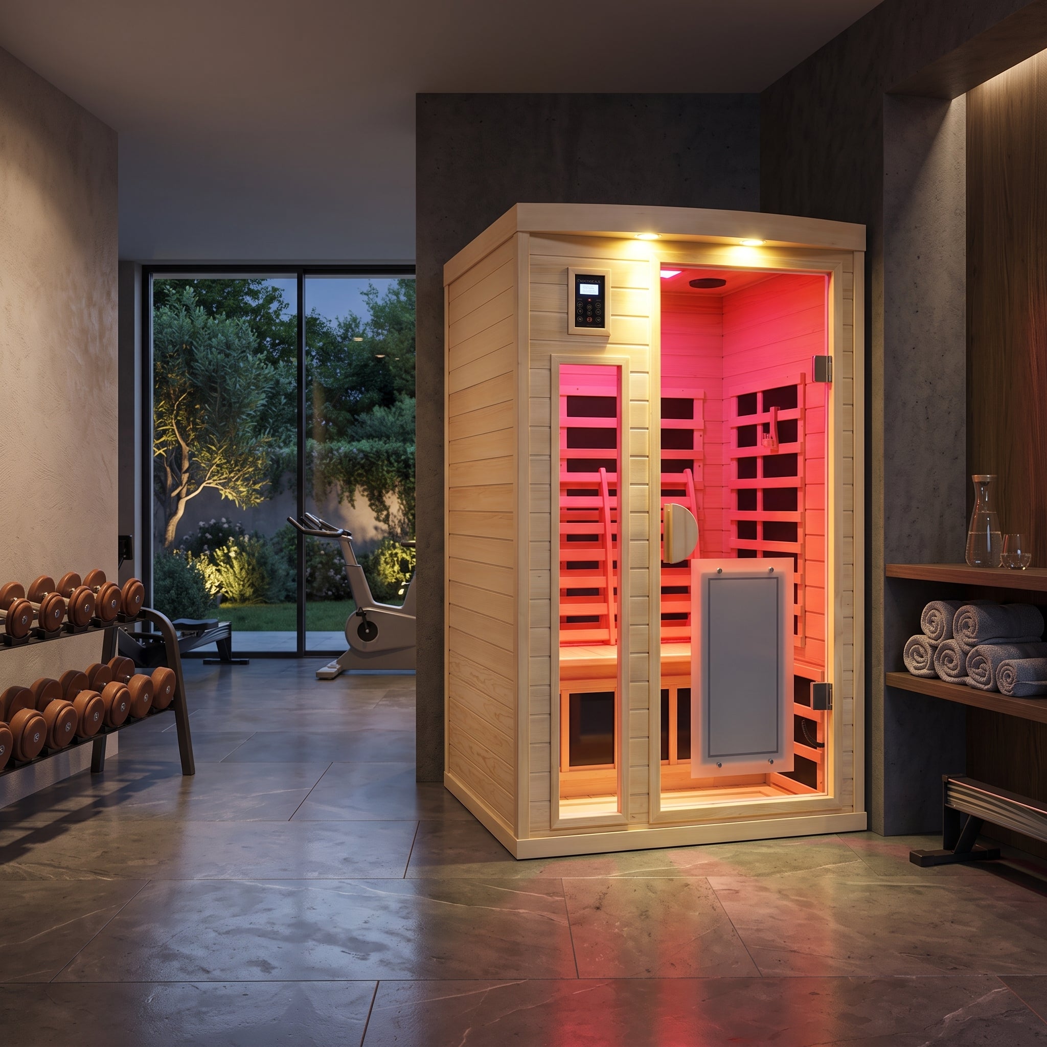 A modern wooden infrared sauna cabin with warm red and orange interior lighting, placed in a luxury fitness spa room with a window view of a garden and exercise equipment.