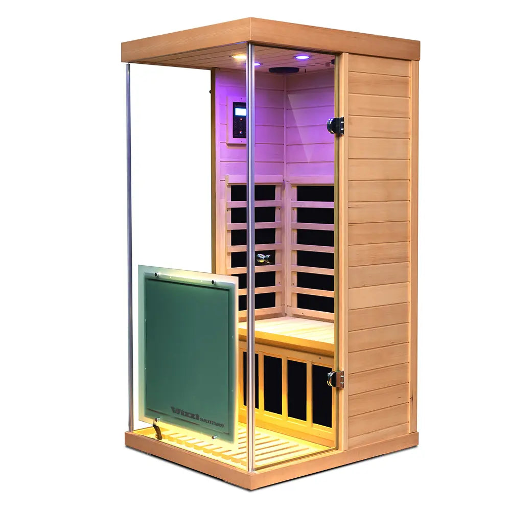 Wizzisaunas 909MH Mini 1 Person Far Infrared Sauna Hemlock | Left Door 3 Sides Full Screen Glass Low EMF image 0