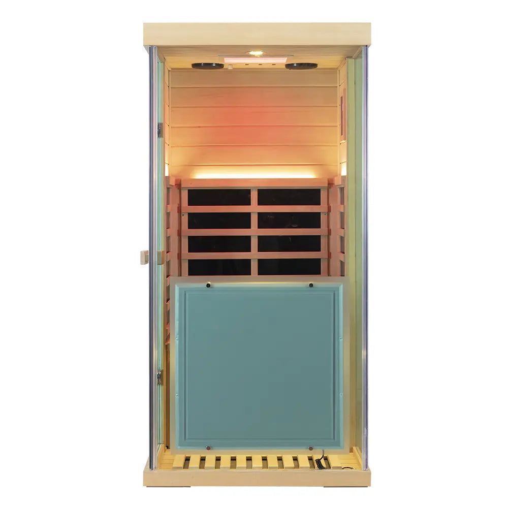 Wizzisaunas 909MHX Mini 1 Person Full Spectrum Infrared Sauna Hemlock | 3 Sides Large glass panels Low EMF image 14