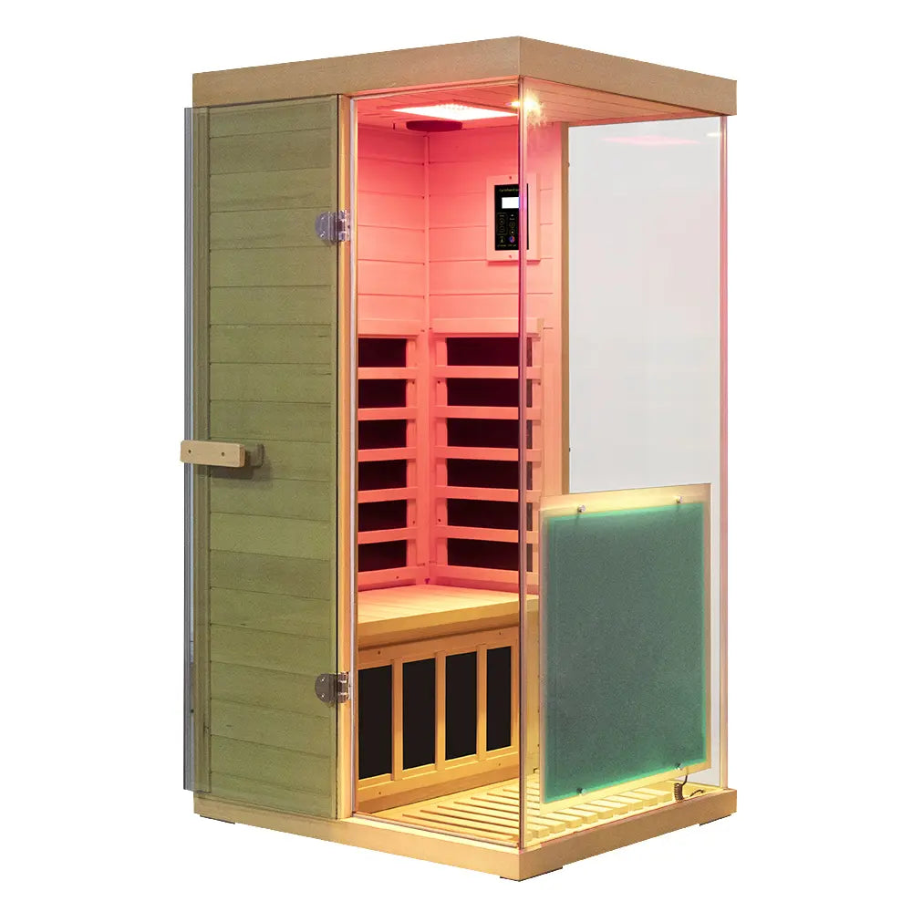 Wizzisaunas 909MHX Mini 1 Person Full Spectrum Infrared Sauna Hemlock | 3 Sides Large glass panels Low EMF image 11