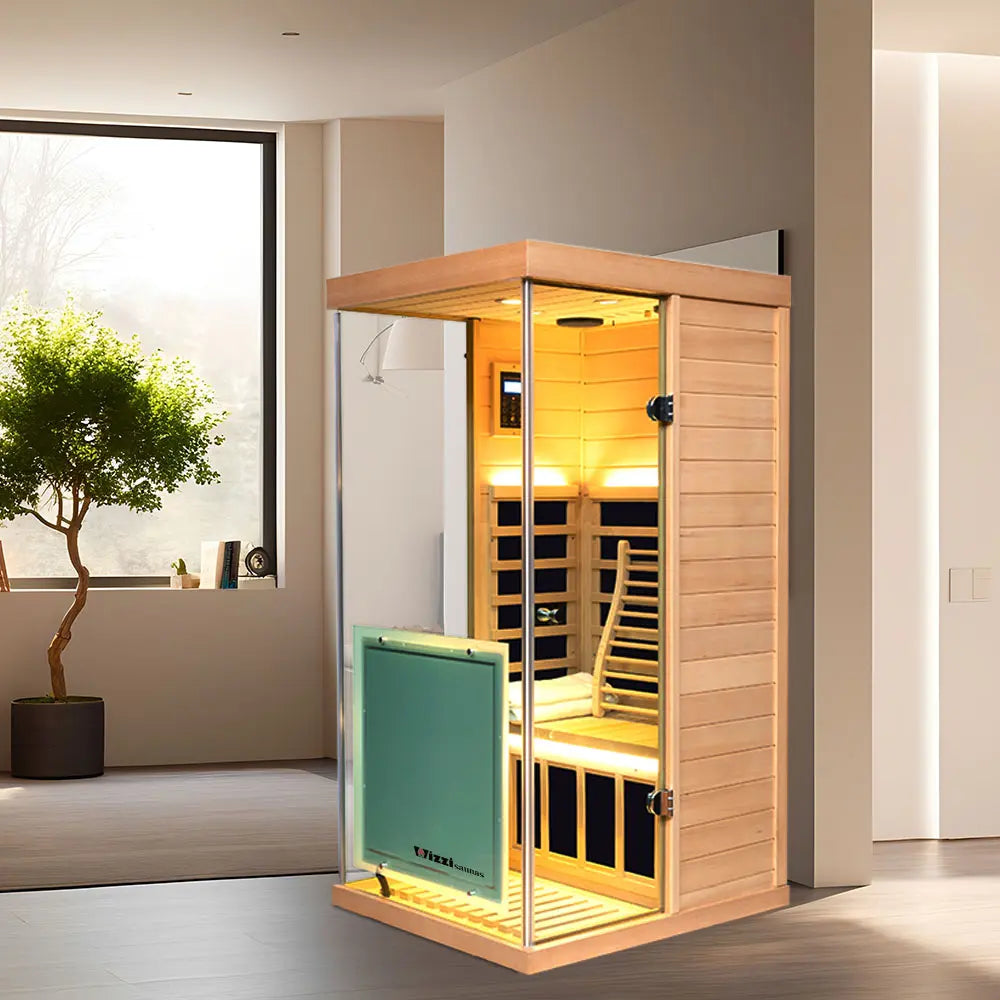 Wizzisaunas 909MH Mini 1 Person Far Infrared Sauna Hemlock | Left Door 3 Sides Full Screen Glass Low EMF image 6