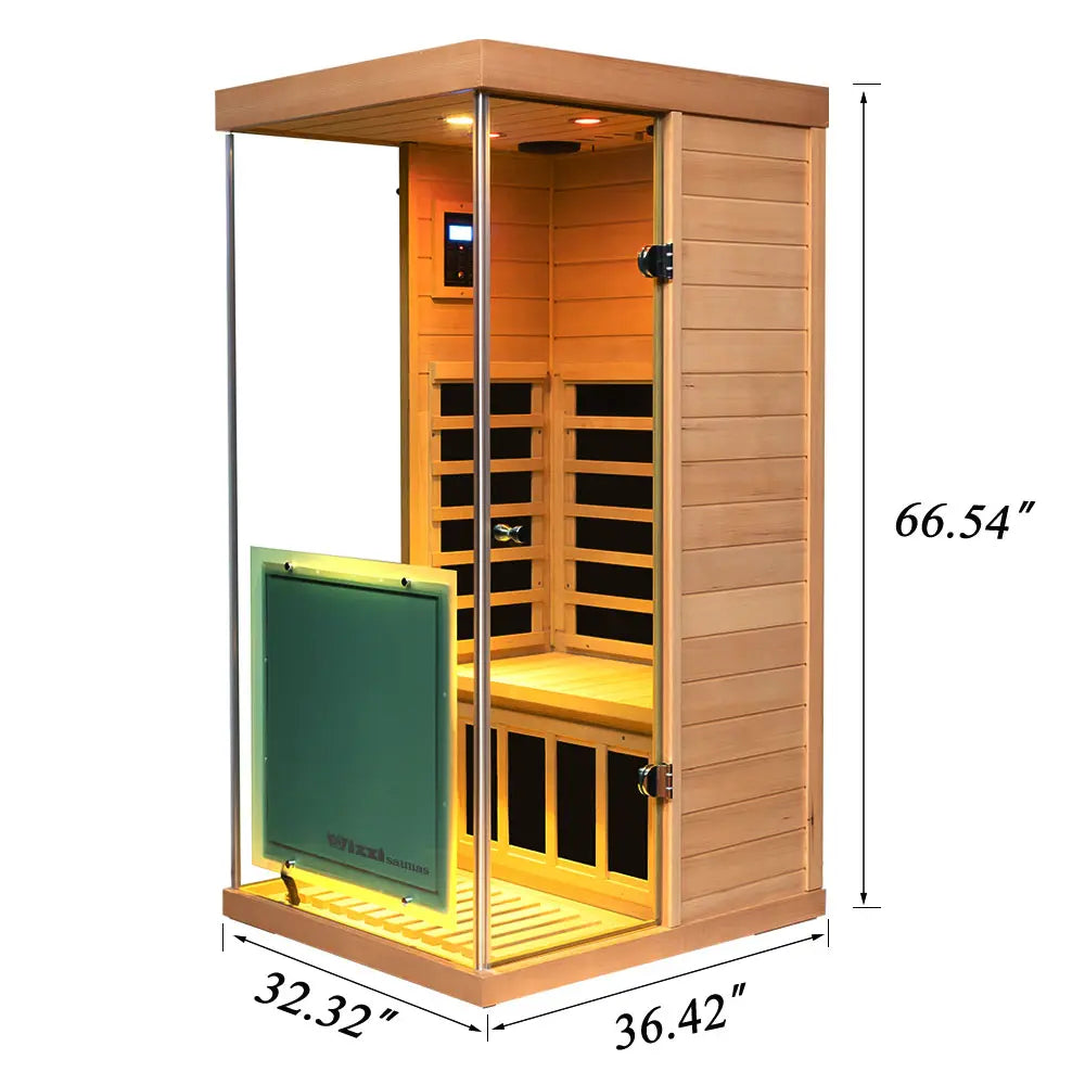 Wizzisaunas 909MH Mini 1 Person Far Infrared Sauna Hemlock | Left Door 3 Sides Full Screen Glass Low EMF image 1