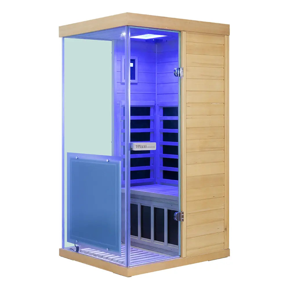Wizzisaunas 909MHX Mini 1 Person Full Spectrum Infrared Sauna Hemlock | 3 Sides Large glass panels Low EMF image 10