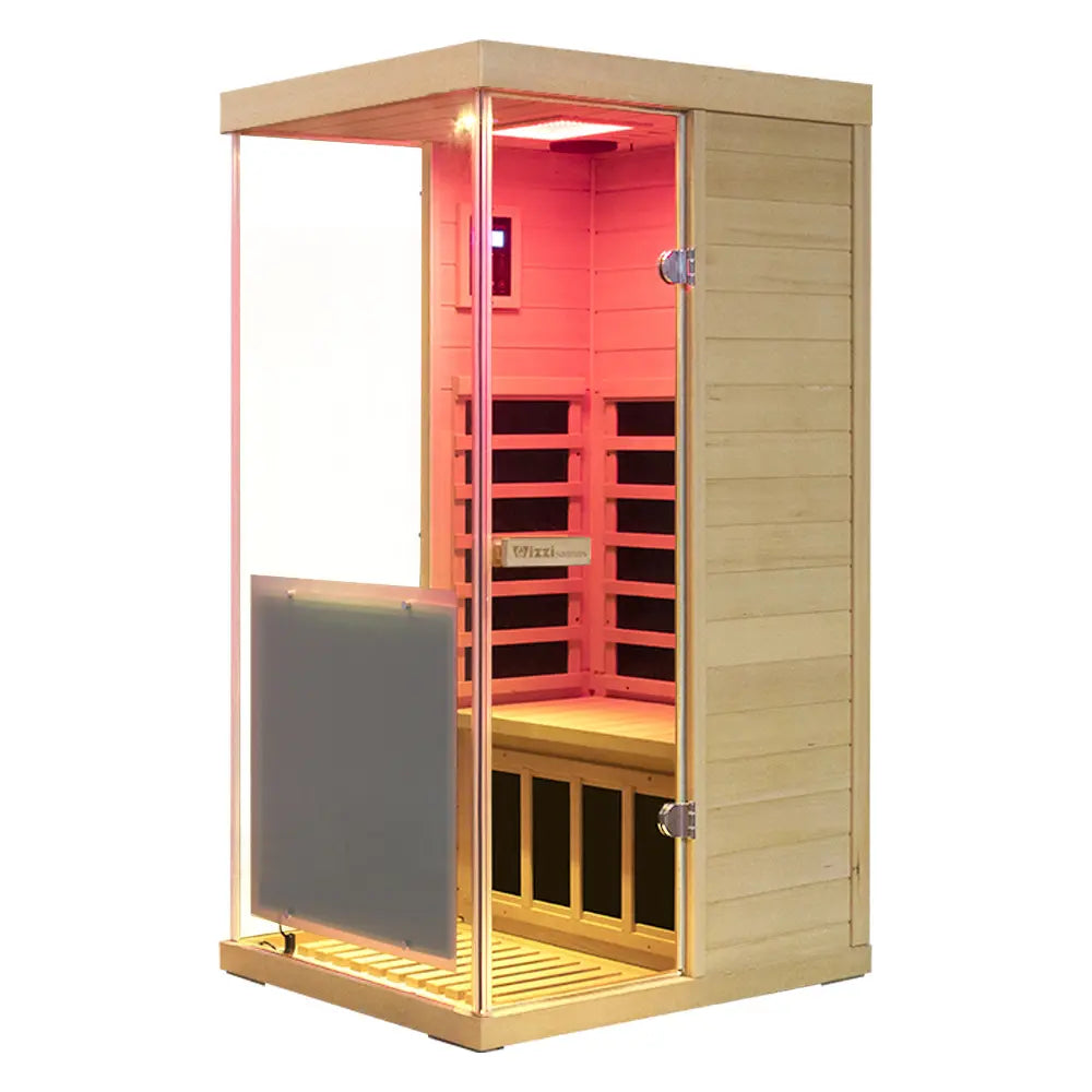 Wizzisaunas 909MHX Mini 1 Person Full Spectrum Infrared Sauna Hemlock | 3 Sides Large glass panels Low EMF image 0
