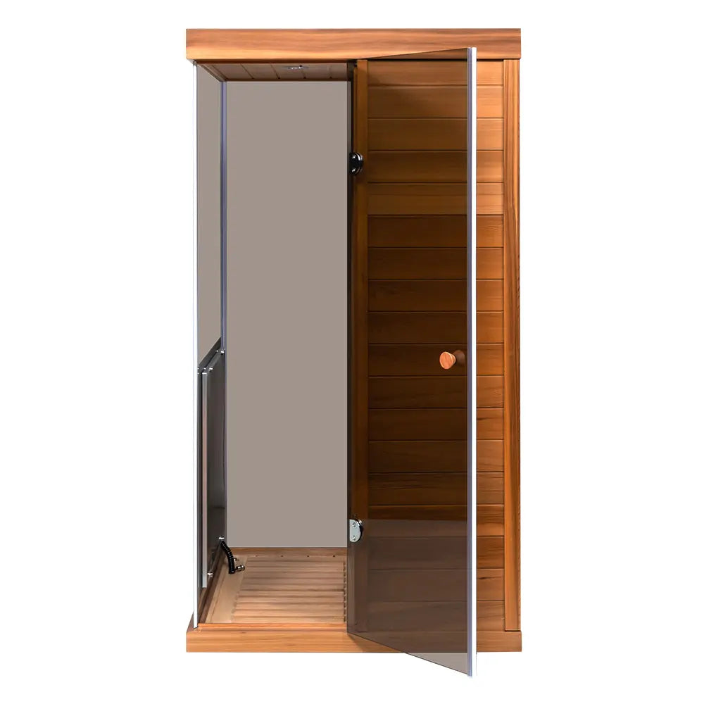 Wizzisaunas 909MR Mini 1 Person Far Infrared Sauna Red Cedar | Left Door 3 Sides Full Screen Glass Low EMF image 15