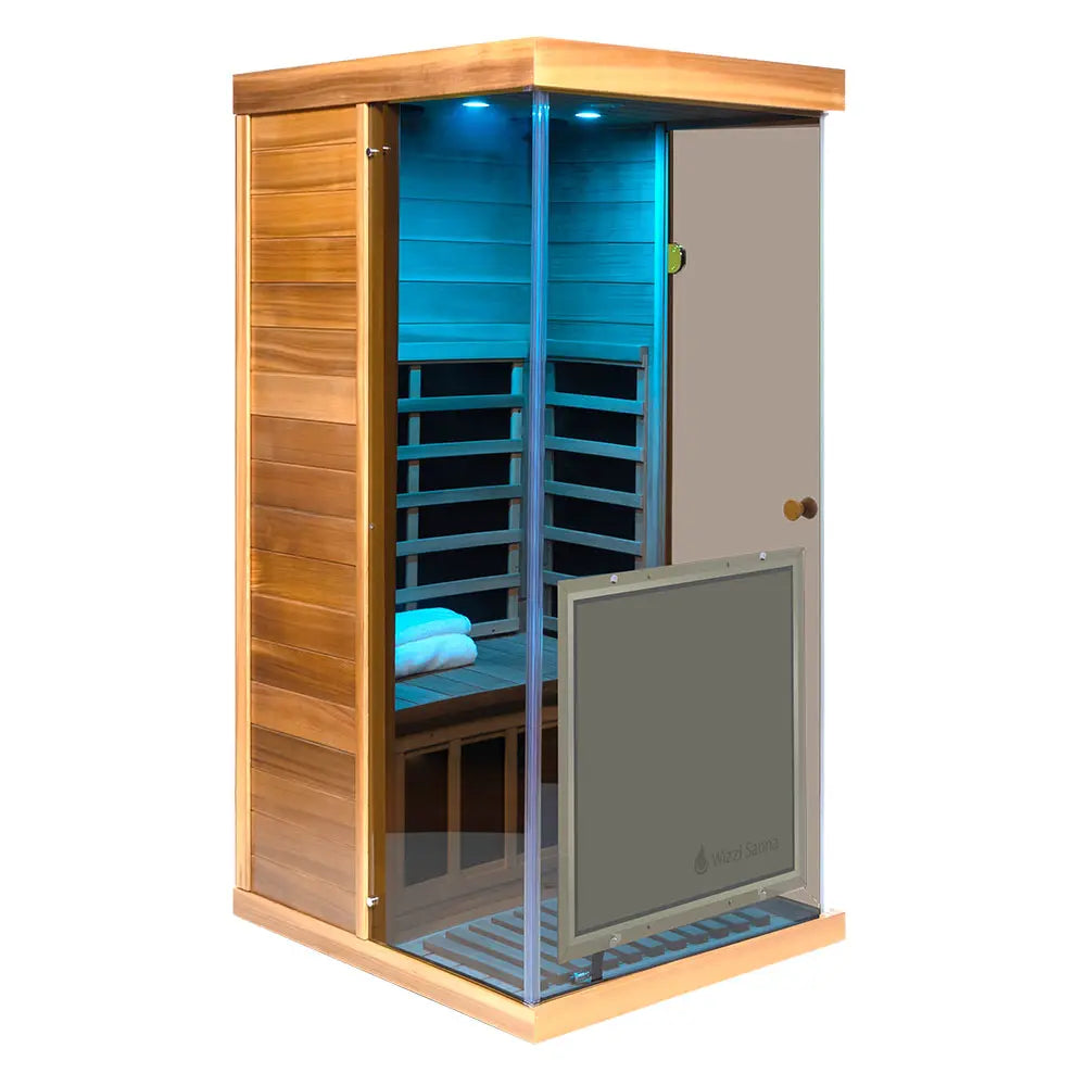 Wizzisaunas 909MR Mini 1 Person Far Infrared Sauna Red Cedar | Left Door 3 Sides Full Screen Glass Low EMF image 14