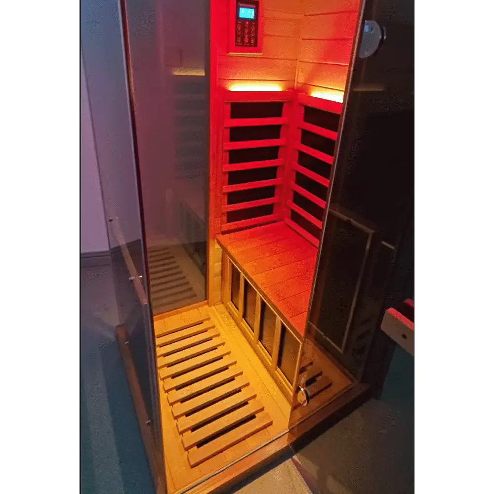 Wizzisaunas 909MR Mini 1 Person Far Infrared Sauna Red Cedar | Left Door 3 Sides Full Screen Glass Low EMF image 1