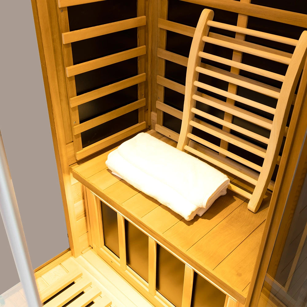 Wizzisaunas 909MR Mini 1 Person Far Infrared Sauna Red Cedar | Left Door 3 Sides Full Screen Glass Low EMF image 4
