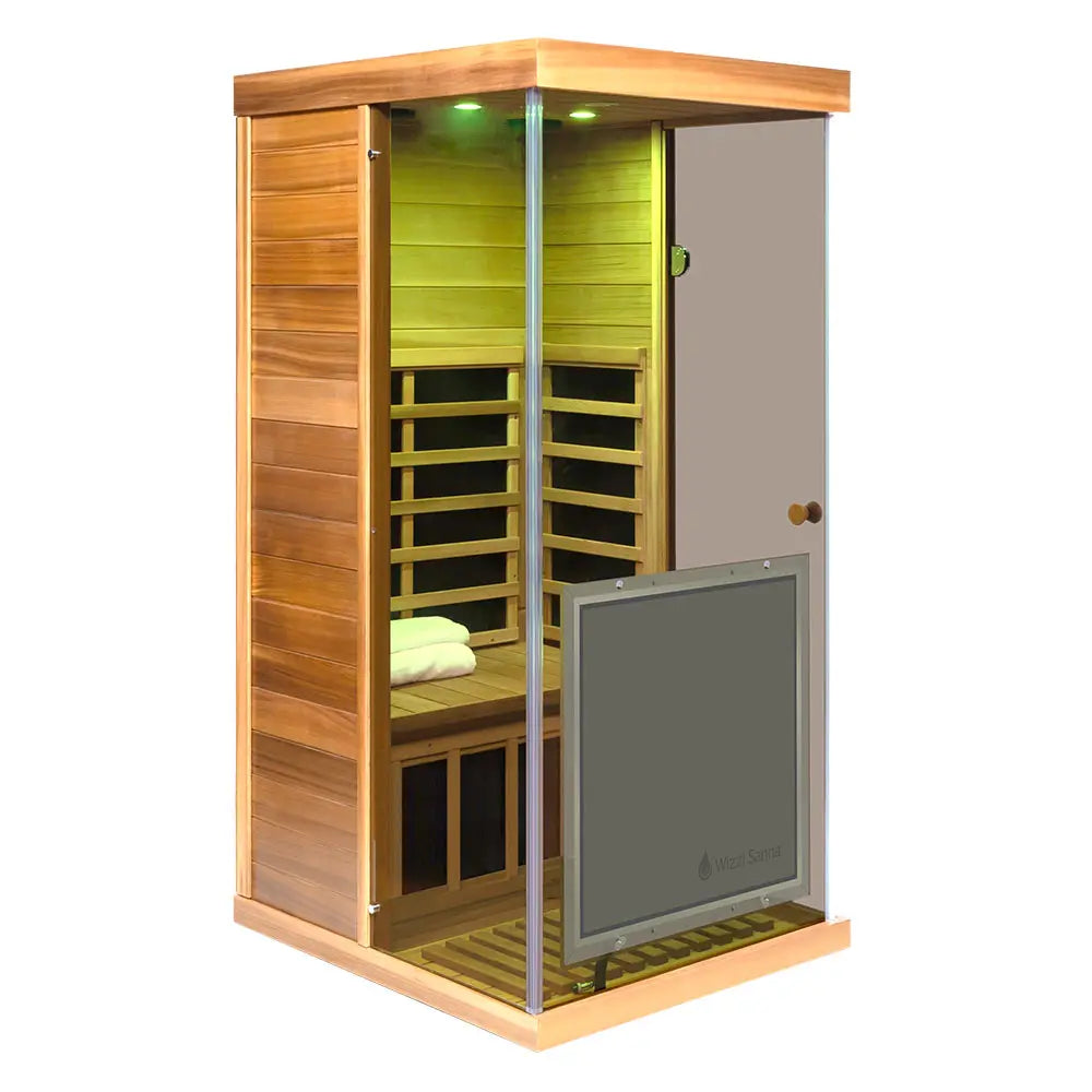 Wizzisaunas 909MR Mini 1 Person Far Infrared Sauna Red Cedar | Left Door 3 Sides Full Screen Glass Low EMF image 12
