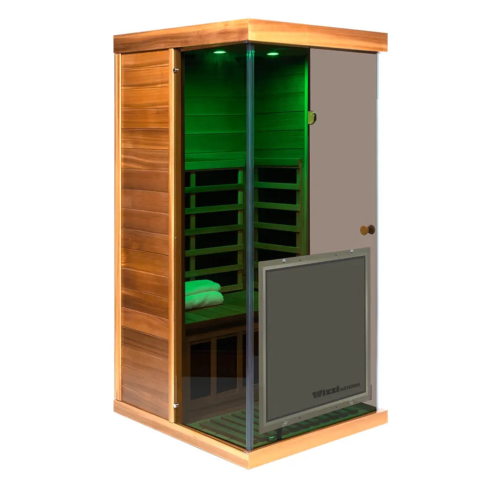 Wizzisaunas 909MR Mini 1 Person Far Infrared Sauna Red Cedar | Left Door 3 Sides Full Screen Glass Low EMF image 13