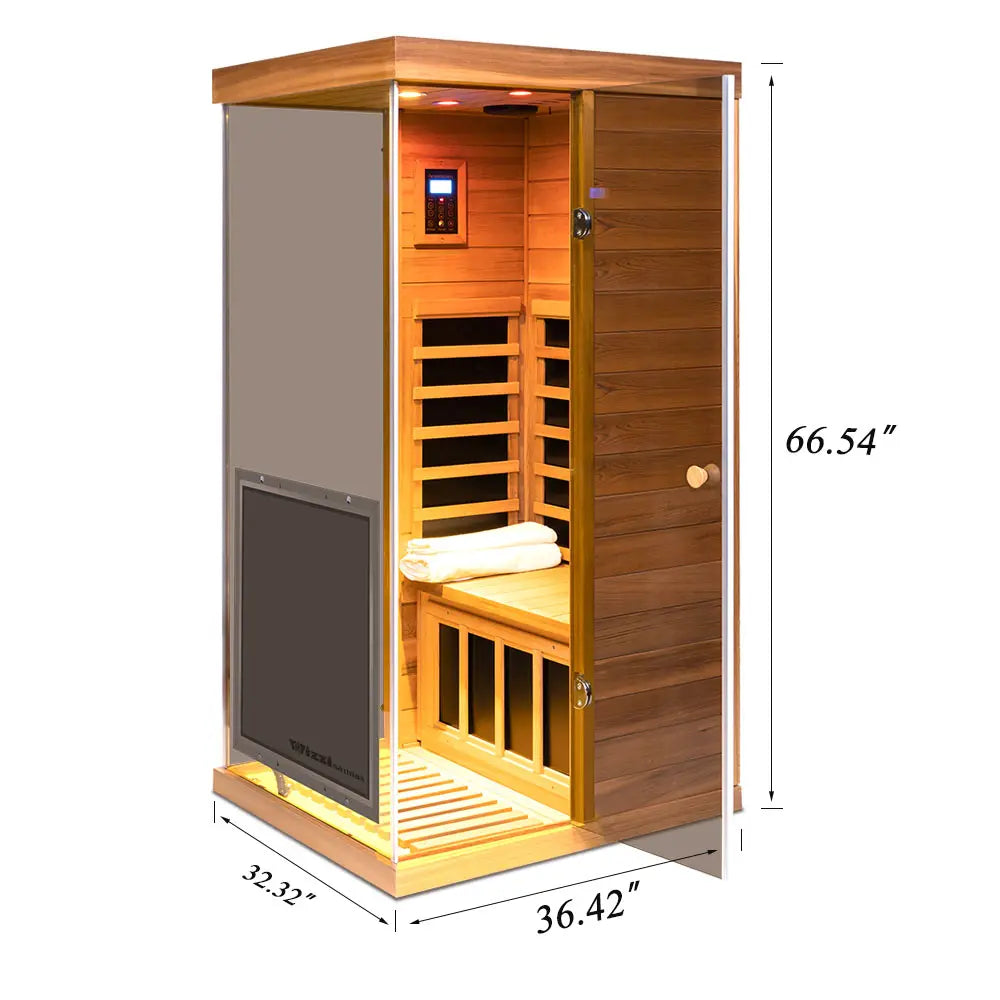 Wizzisaunas 909MR Mini 1 Person Far Infrared Sauna Red Cedar | Left Door 3 Sides Full Screen Glass Low EMF image 2