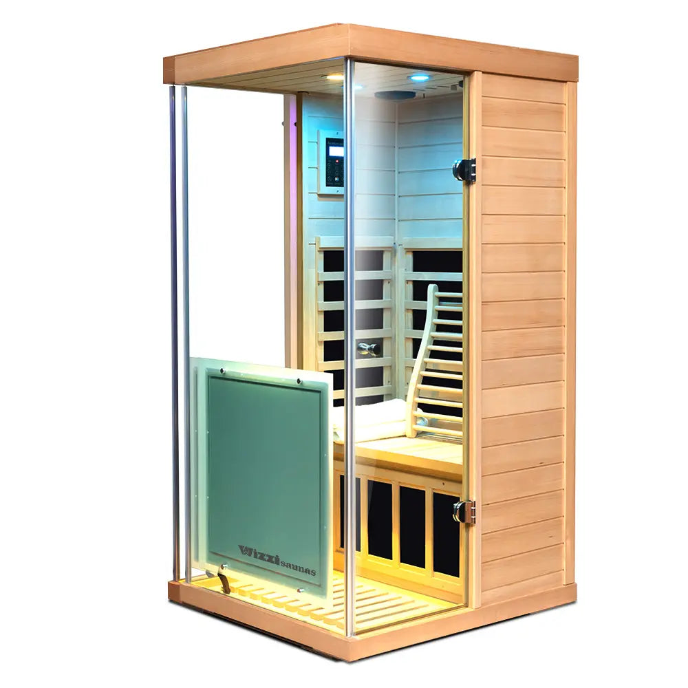 Wizzisaunas 909MH Mini 1 Person Far Infrared Sauna Hemlock | Left Door 3 Sides Full Screen Glass Low EMF image 7