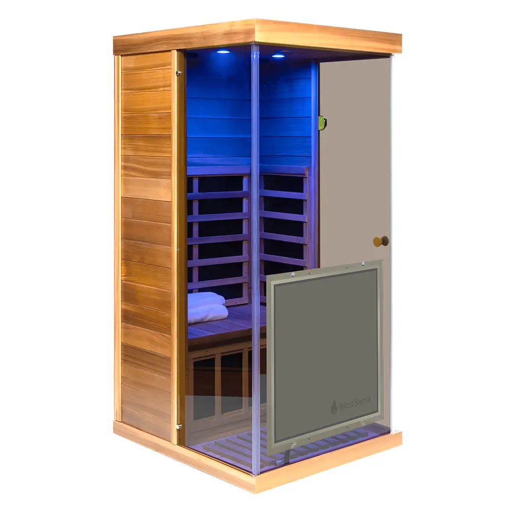Wizzisaunas 909MR Mini 1 Person Far Infrared Sauna Red Cedar | Left Door 3 Sides Full Screen Glass Low EMF image 11