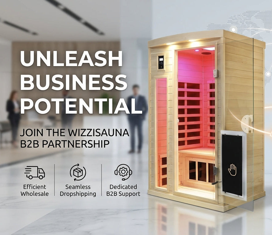 Two Wizzisauna infrared saunas shown in a promotional B2B marketing graphic, with one open light wood sauna on the left and one closed dark wood sauna on the right. Text on the left reads 'UNLEASH BUSINESS POTENTIAL' and 'JOIN THE WIZZISAUONE B2B PARTNERSHIP,' with feature icons below.