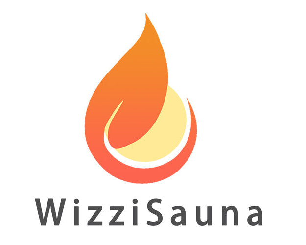 WizziSauna logo featuring a stylized flame icon in orange, yellow, and red on a white background, with the brand name 'WizziSauna' written in dark gray below.